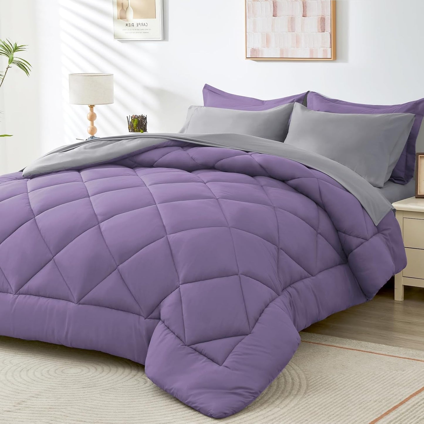 HEVUMYI Queen Comforter Set - 7-Piece All Season Bed in a Bag Queen, Ultra Soft Bedding Set with Comforter, Flat Sheet, Fitted Sheet, Pillowcases, Pillow Shams, Purple & Light Grey