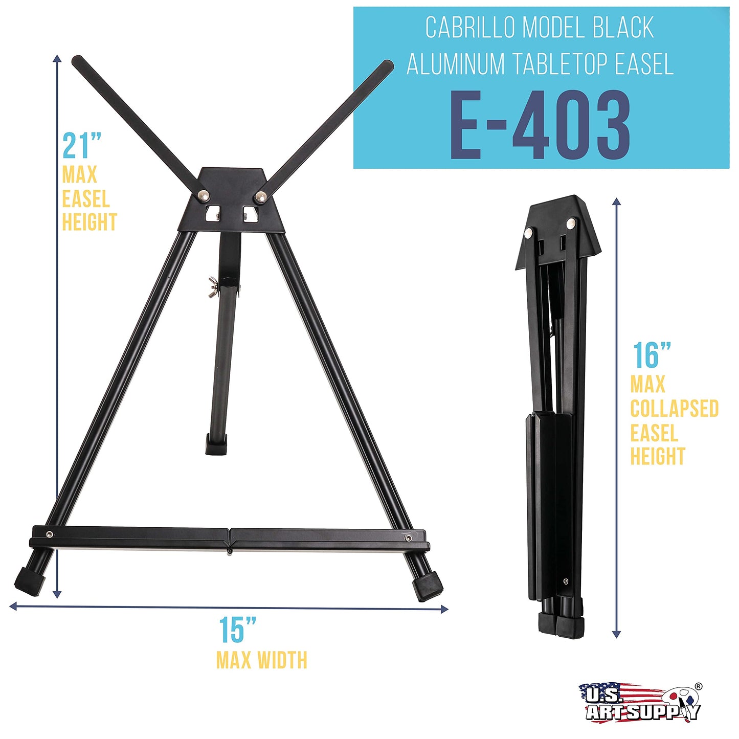 U.S. Art Supply 15 to 21-Inch Adjustable Tabletop Easel for Painting - Black, Aluminum Tripod, Portable Art Easel Stand for Sign Display, Painting Canvas, and Whiteboard