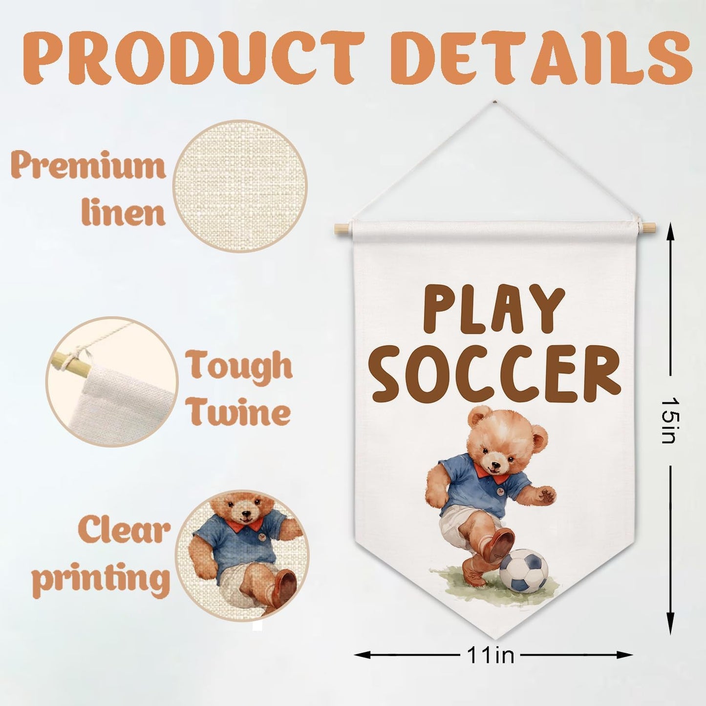 ArtisaEura Bear Nursery Wall Canvas Banners, Bear Nursery Decor, Play Soccer Hanging Display Pennant Banner Flags, Play Room Wall Decor for Kids Toddler Boys Room Bedroom Playroom