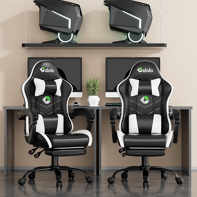 Gaming Chair with Footrest Racing Style Lumbar Support Massager Video Game Chair with Metal Legs, High Back Gamer Chair with Headrest, 360° Swivel Office Computer Desk Chair, Cool White