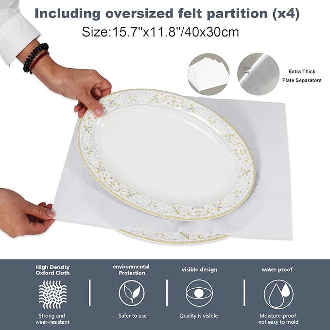 Platter Storage Case - Plate Storage Containers with PVC Windows,16.5“x12.6x5.5'', Stackable China Storage Containers Hard Shell,4 Felt Dividers Included for Dish,Plate, Dinnerware and Transport(Gray)