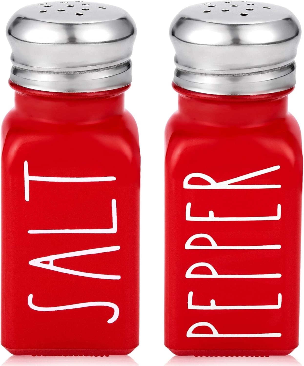 Red Salt and Pepper Shakers Set by Brighter Barns - Modern Farmhouse Kitchen Decor and Accessories for Home Restaurants Weddings - Cute Modern Glass Christmas Shaker Sets & Stainless Steel Lid (Red)