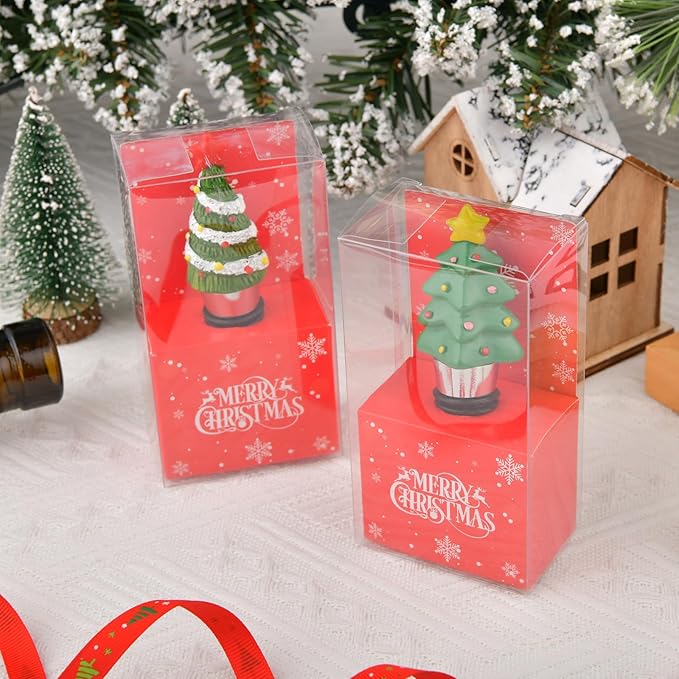 2 Pack Christmas Tree Wine Bottle Stoppers Reusable Bottle Stoppers Cute Wine and Beverage Corker Bottle Sealers for Xmas Holiday Party Decoration, Resin Decorative Wine Stoppers Wine Gift for Hostess