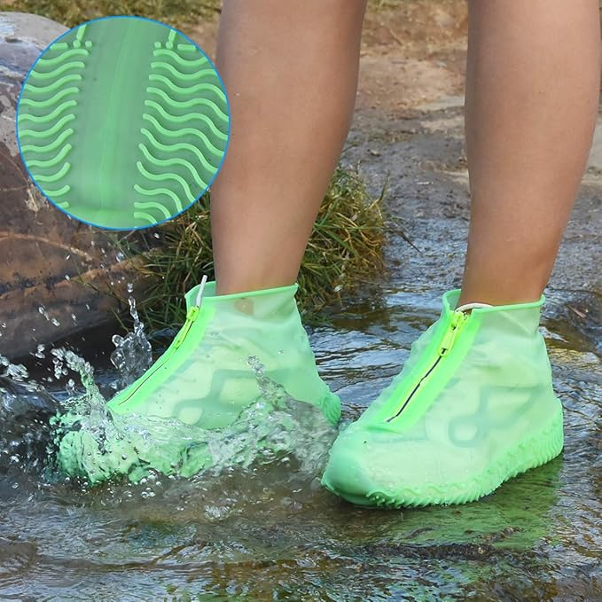 Waterproof Shoe Covers, Silicone Reusable Shoe Cover Non-slip Durable Zipper Elastic Rain Cover Protection for Men Women (XL (Women 11-13, Men 9.5-13), Green)