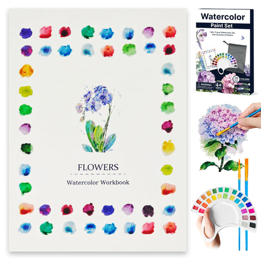 Watercolor Workbook, Water Coloring Book with 13 Pages 300GSM Paper, 26 Colors Watercolor Paint Set with Brush & Storage Bag, Beginner-Friendly Coloring Book for Adults - Flowers Theme Art Kit