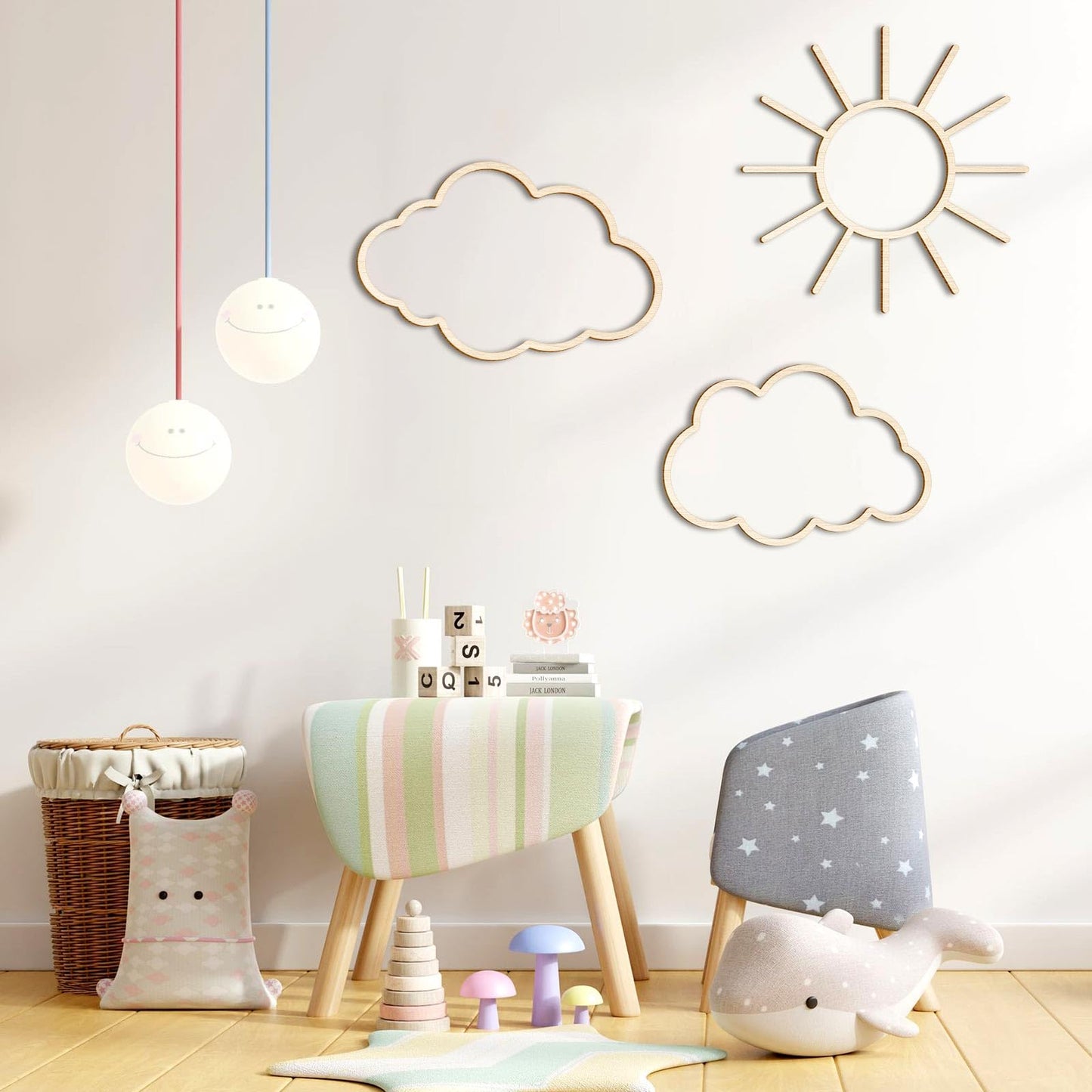 4 Pieces Boho Nursery Cloud Star Wall Decor Wooden Babyroom Moon Rattan Wall Decor Wooden Rainbow for Children Baby Kids Boys Girls Bedroom Nursery Pendant(Cloud Rainbow Sun)