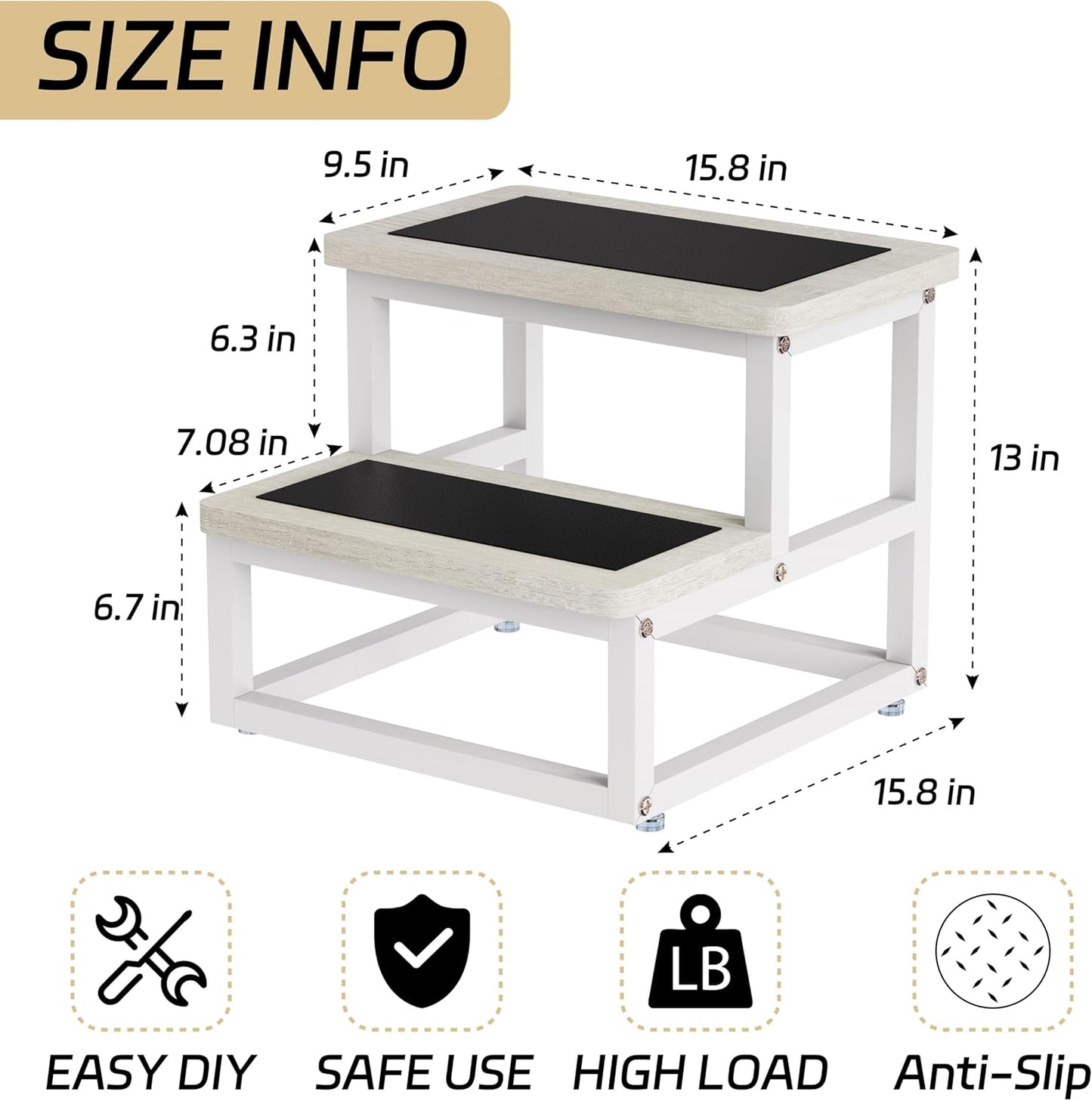 Step Stools, Heavy Duty Stepping Stool for Kids Adults, Non-Slip Metal and Wooden 2 Steps Foot Stool for High Beds and Kitchen, Round Corner, 500 Lbs Capacity, White Oak