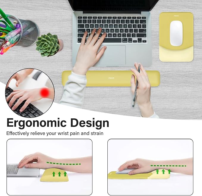 MOSISO Wrist Rest Support for Mouse Pad&Keyboard Set, Rectangular Ergonomic Mousepad Non-Slip Base Home/Office Pain Relief&Easy Typing Pad with Neoprene Cloth&Raised Silicone Lining, Yellow