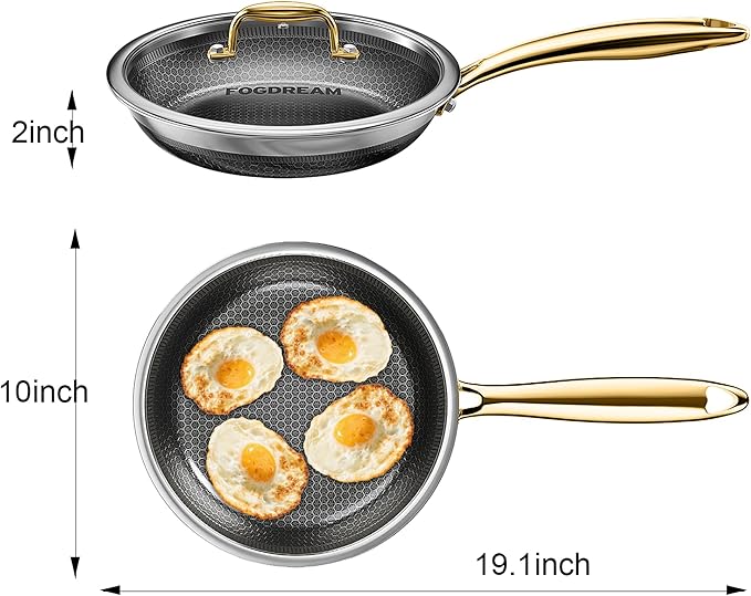 FogDream 10 Inch Non Stick Frying Pans, Stainless Steel Skillet with Tempered Glass Lid Tri-Ply Stainless Steel for All Cooktops, Dishwasher & Oven-Safe Cooking Pan, Stay-Cool Handle, Gold