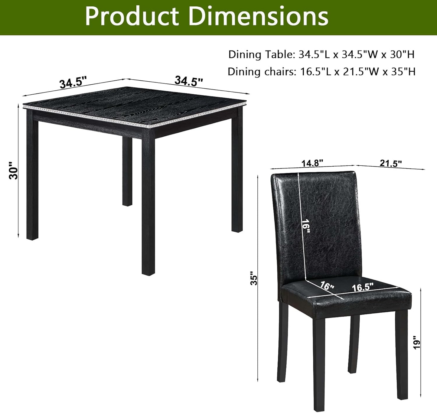 KEIKI 5-Piece Standard Height Dining Table Set with Square Table and 4 Upholstered Chair, for 4 Person, Classic Crystal Decoration Wood Table Set, Easy Assembly, for Kitchen, Dining Room, Black