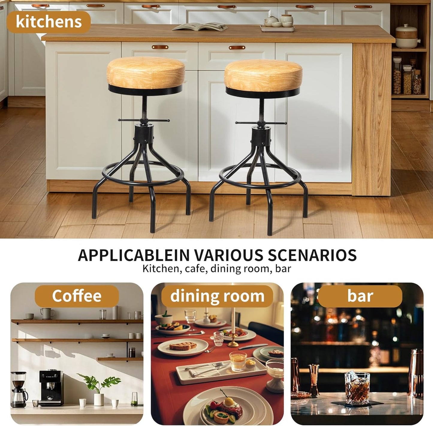 Swivel Bar Stools Set of 2 Adjustable Swivel Round Barstools Modern PU Leather 28inch Backless Counter Height Stool Metal Industrial Bar Chair for Kitchen Island (2, Ash Wood PU Leather)