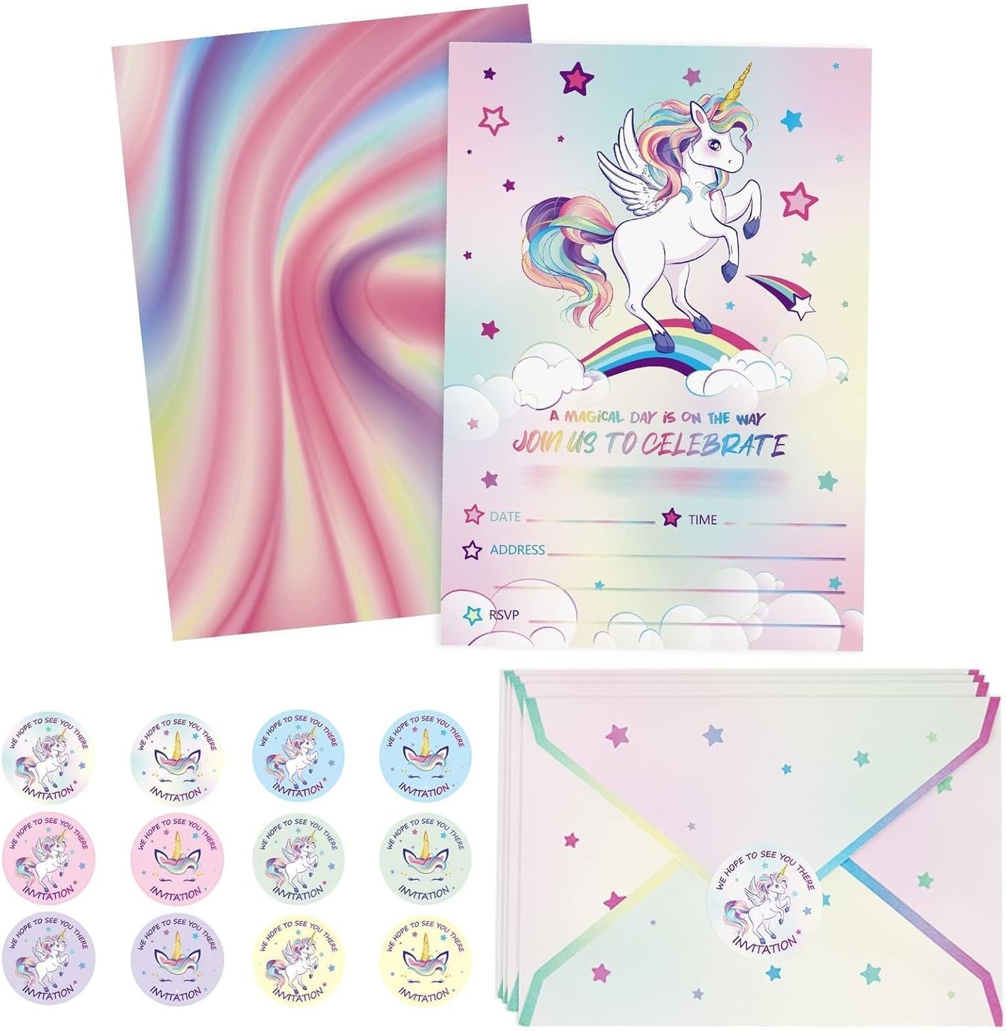 WERNNSAI 24PCS Unicorn Birthday Invitation - Rainbow Unicorn Party Supplies Fill-in lInvitations with Envelopes for Girls Birthday Baby Shower Double-sided Printed Invite Cards