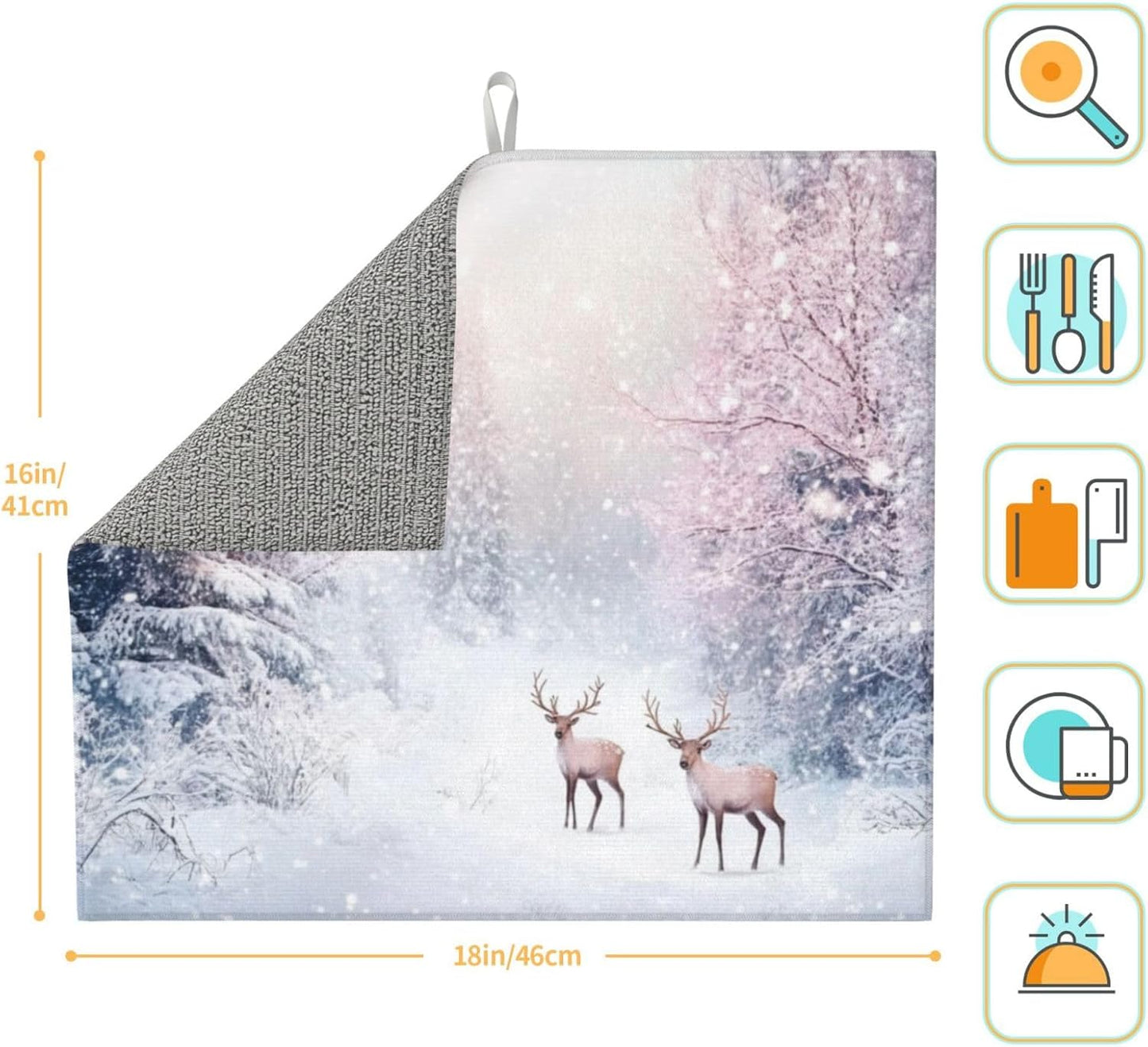 Dish Drying Mat for Kitchen Winter Deer Forest Christmas Counter Absorbent Dishes Drainer Microfiber Small 16x18 Inch