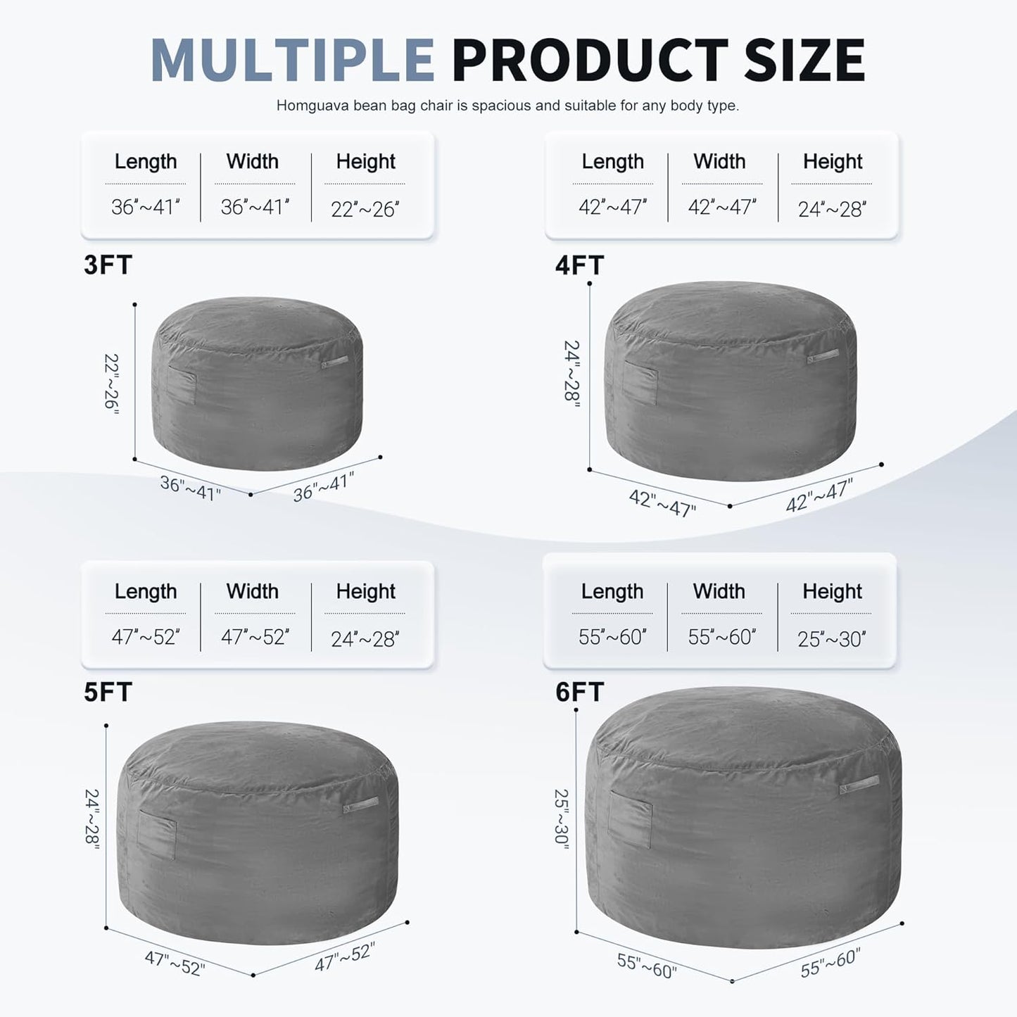 Homguava 5FT Bean Bag Chair Giant BeanBag with Memory Foam Filled, Comfy Bean Bag Chairs for Adults, Adult Bean Bag Chair with Dutch Velvet Cover for Living Room Bedroom-Grey