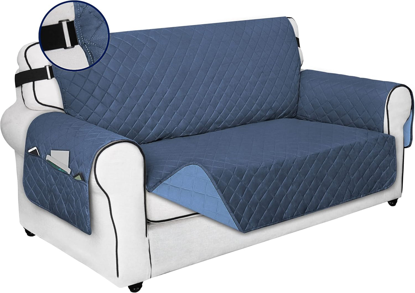 PureFit Reversible Sofa Cover Water Resistant Loveseat Couch Cover, Machine Washable Furniture Cover with Non-Slip Foam and Adjustable Strap for Dogs, Pets (Loveseat, Dark Blue/Light Blue)