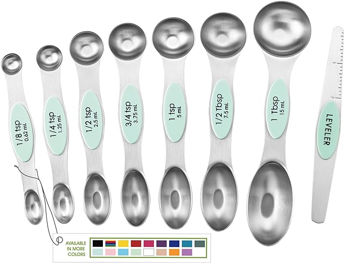 Spring Chef Stainless Steel Magnetic Measuring Spoons Set of 8 with Leveler, Nesting Metal Teaspoon & Tablespoon Measuring Spoons, Kitchen Gadgets for Baking & Cooking, Fits in Spice Jars - Mint