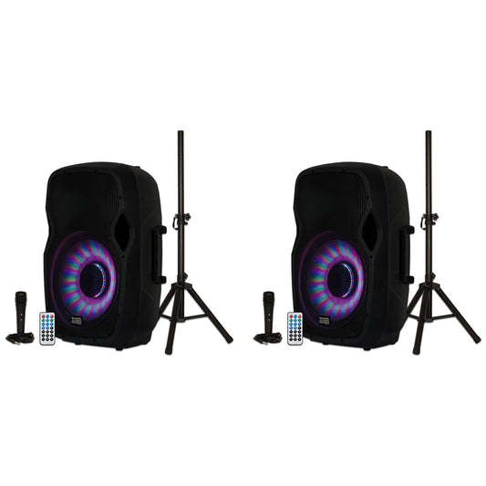 Acoustic Audio by Goldwood 15 Inch 1000 Watt Bluetooth LED Speaker System with RCA25 Pro Audio 25 Foot Stereo Cables, Red/White