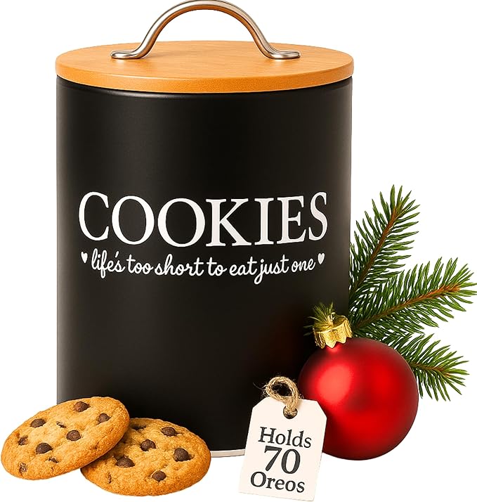 D'Lifeful Cookie Jar with Airtight Bamboo Lid – 0.6 Gallon Cute and Decorative Cookie Storage for Kitchen Countertop – Farmhouse Storage Tin for Freshness – Great Gift Idea