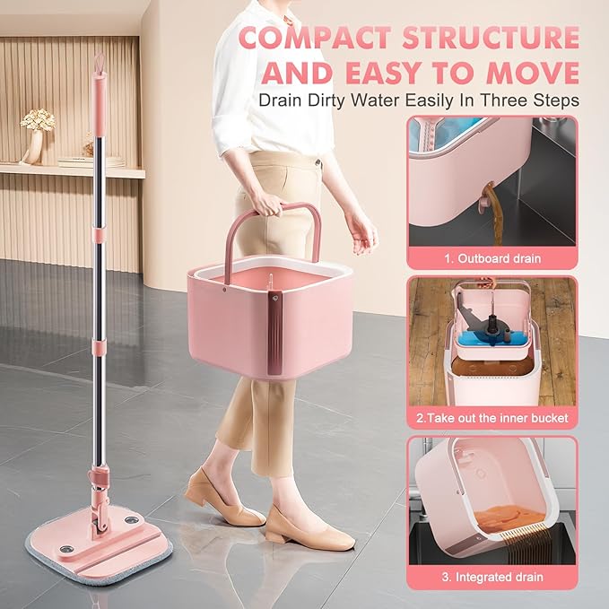 Upgraded Self-Standing Spin Mop and Bucket System, Detachable Inner Mop Bucket Separates Dirty Water & 90° Foldable Head, Triple-Scrub System, 0.9Gal Dual Drainage, for Hardwood Floors (Pink 6 Pads)