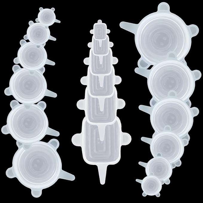 Reusable Silicone Stretch Lids–18PCS Round & Square Stretchy Food Covers, Airtight & Leakproof, Microwave & Dishwasher Safe Clear