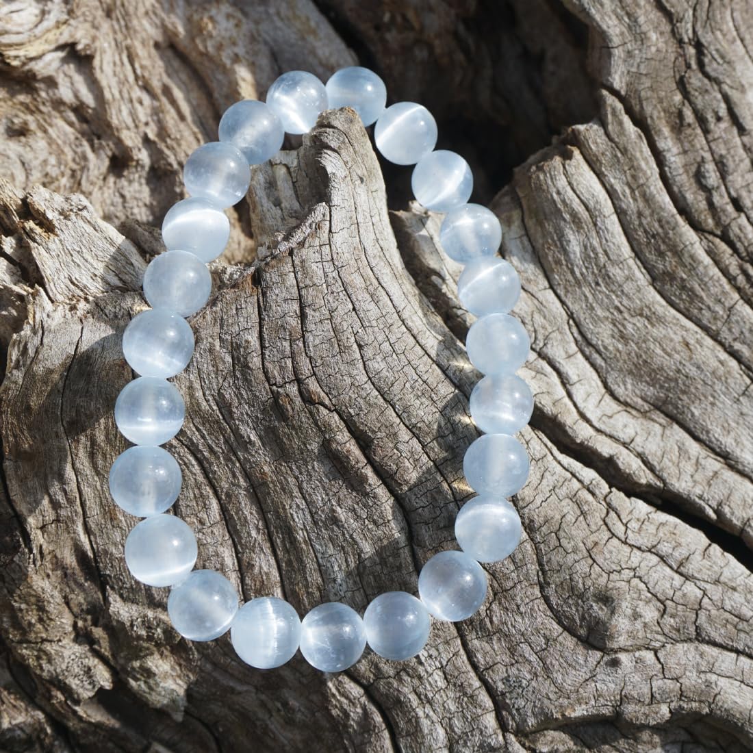 Natural Selenite Bracelet 8mm | Aqua Blue | Crown Chakra Crystal with Cat-eye Effect | Handmade Meditation Healing Bracelet for Women Men | Beading Tool Kit - Fits for 6.5-7.5 inch Wrist Size
