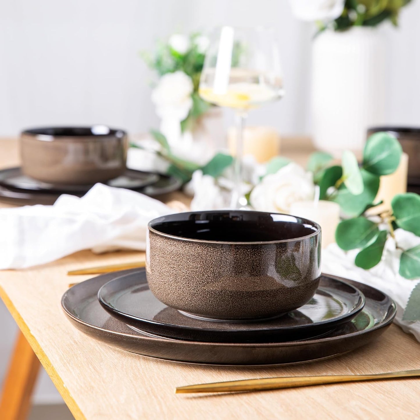 LeRatio Ceramic Dinnerware Sets for 4,12-Piece Plates and Bowls,Handmade Reactive Glaze Dishes Set,Chip Resistant and Scratch Resistant | Oven&Dishwasher & Microwave Safe,Service for 4-Coffee