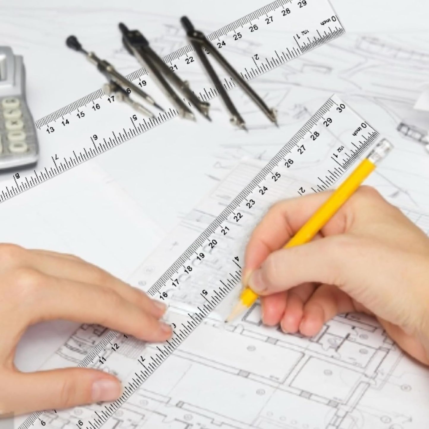 Plastic Ruler 12 inch, Clear Rulers with Hanging Holes, Inches, Centimeters, Millimeters, Straight Measuring Tools for Students, School and Office, Pack of 2