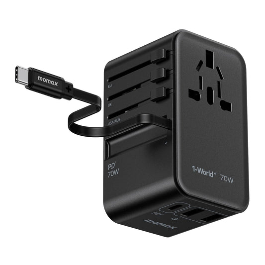 Momax Universal Travel Adapter, International Power Plug Adapter With 1 Usb C (Pd 70W), 2 Usb A Ports, 1Usb-C Cable (Pd 70W), Al