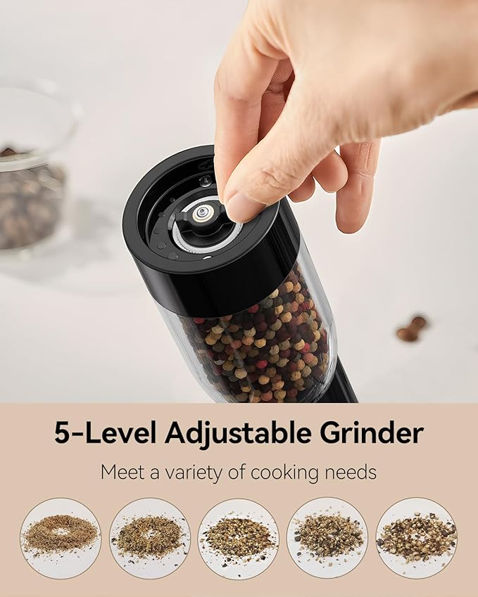 TOMEEM Electric Salt and Pepper Grinder Set – Rechargeable with LED Power Indicator, 5-Level Adjustable Grinding, LED Light, 4.5oz Large Capacity Salt and Pepper Shakers with Storage Base