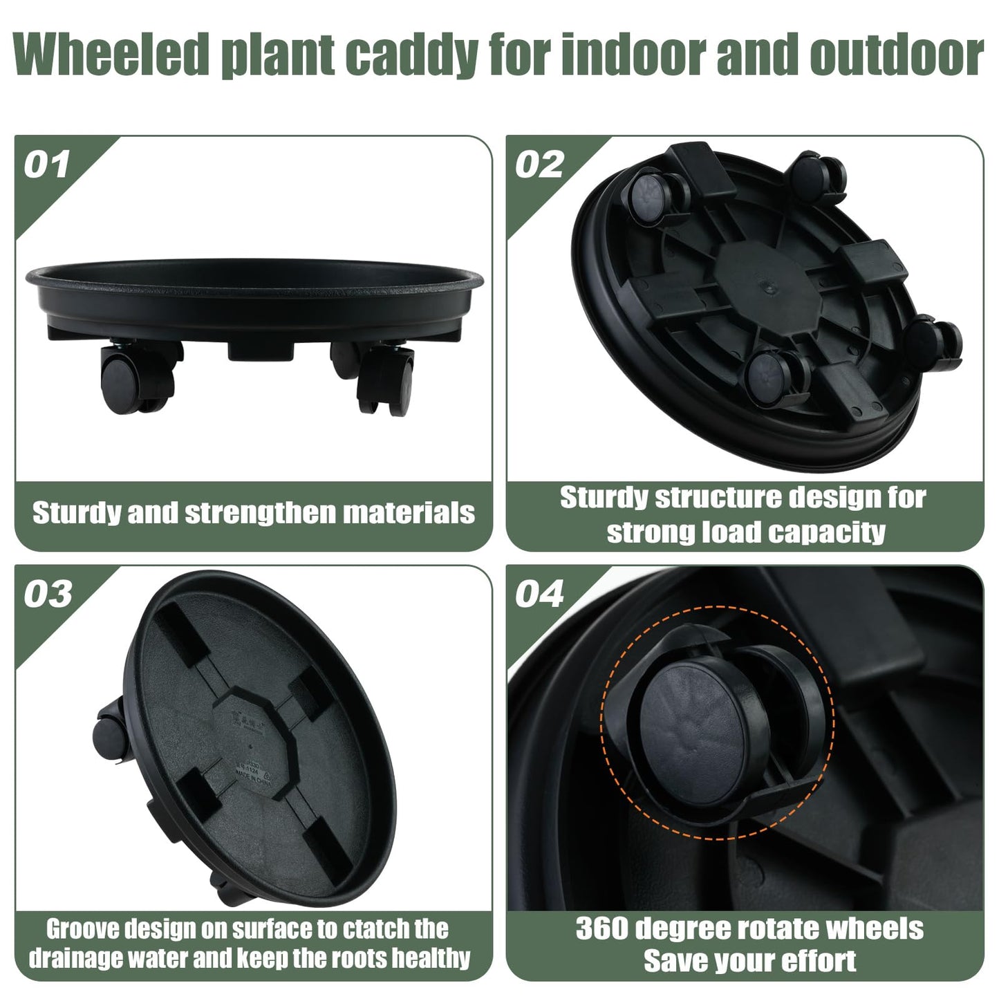 6 Packs 11.8 Inches Large Plant Caddy with Wheels Plant Saucers on Wheels Rolling Plant Stands Heavy-duty Plant Dolly Plastic Planter Roller Base Pot Movers Outdoor Plant Tray Coaster, Black