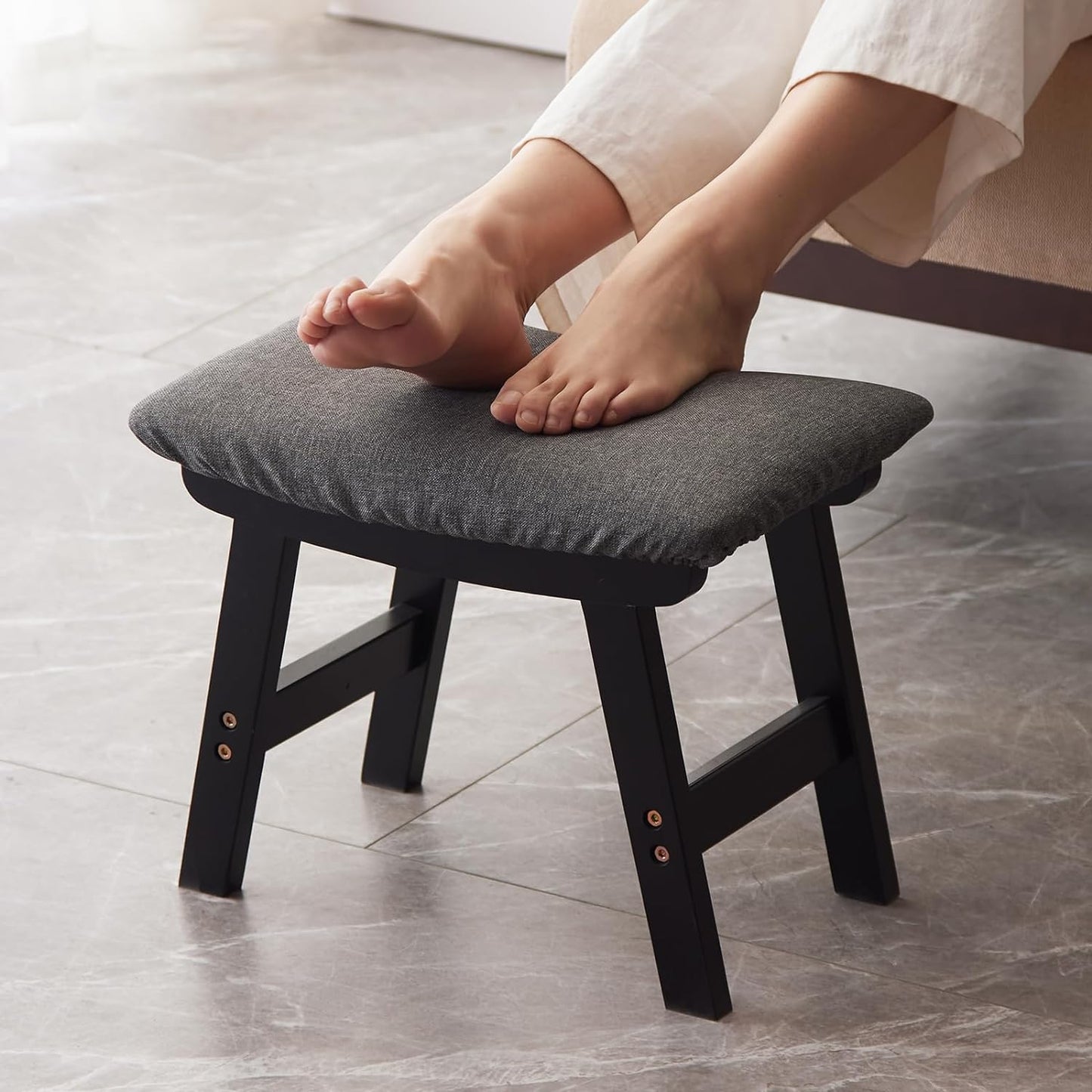 Foot Stool,Ottoman,Bamboo Small Sofa Foot Rest Under Desk,Extra Seating for Living Room, Bedroom and Kitchen (Black Stool Legs - Gray Surface)