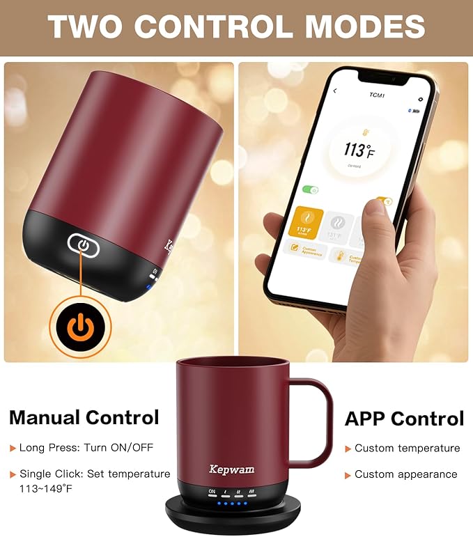Kepwam Self Heating Coffee Mug T1-16oz Fast Heating & Ultra Long-Lasting Battery Life, Heated Coffee Mug Up to 149℉ - Touch & App Controlled Coffee Mug, Birthday Gifts for Women and Men