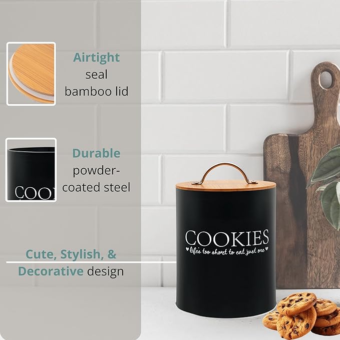 D'Lifeful Cookie Jar with Airtight Bamboo Lid – 0.6 Gallon Cute and Decorative Cookie Storage for Kitchen Countertop – Farmhouse Storage Tin for Freshness – Great Gift Idea
