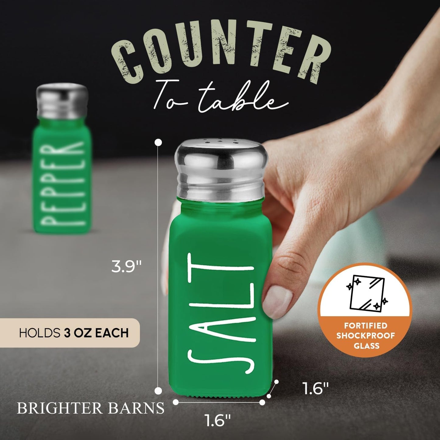 Green Salt and Pepper Shakers Set by Brighter Barns - Modern Farmhouse Kitchen Decor for Home, Restaurants, Airbnb - Cute Kitchen Decor and Accessories - Glass Shakers & Stainless Steel Lids (Green)