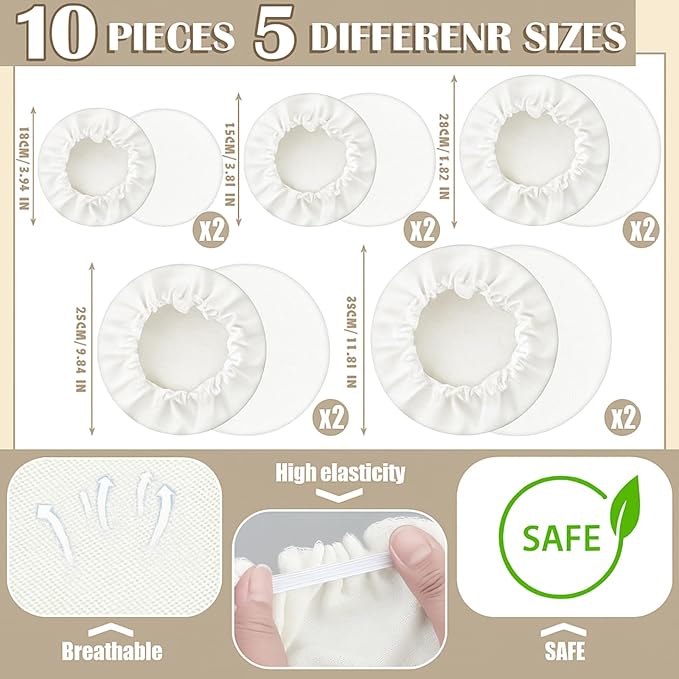 Patelai 10 Pcs Bowl Covers Reusable in 5 Size Stretch Cloth Fabric Elastic Food Storage Bowl Covers Bread Sourdough Lids for Proofing Food Fruits Leftover(White,Ivory Style)