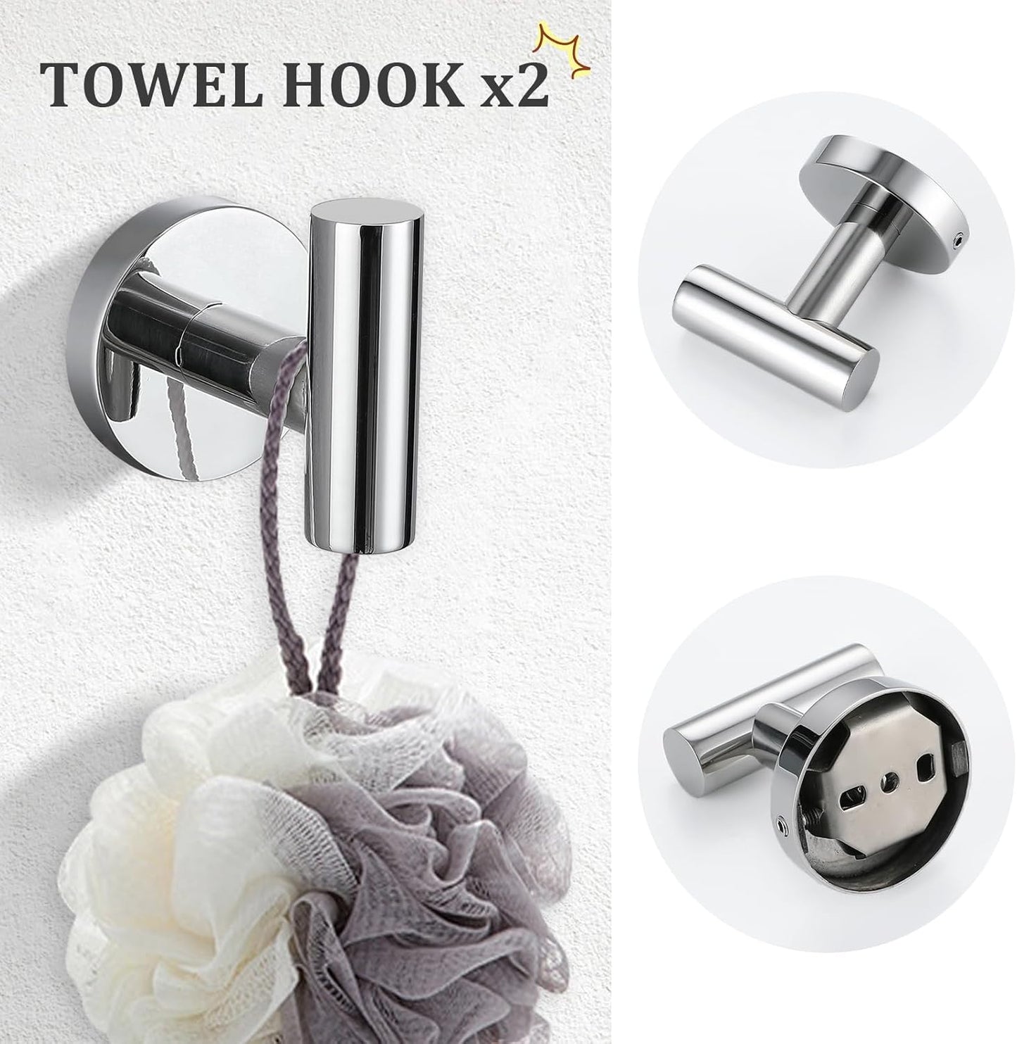 TURS Polished 5 Piece Bathroom Hardware Set, 24 Inch Bath Towel Bar Set, Round Bathroom Accessories Kit Wall Mounted SUS304 Stainless Steel