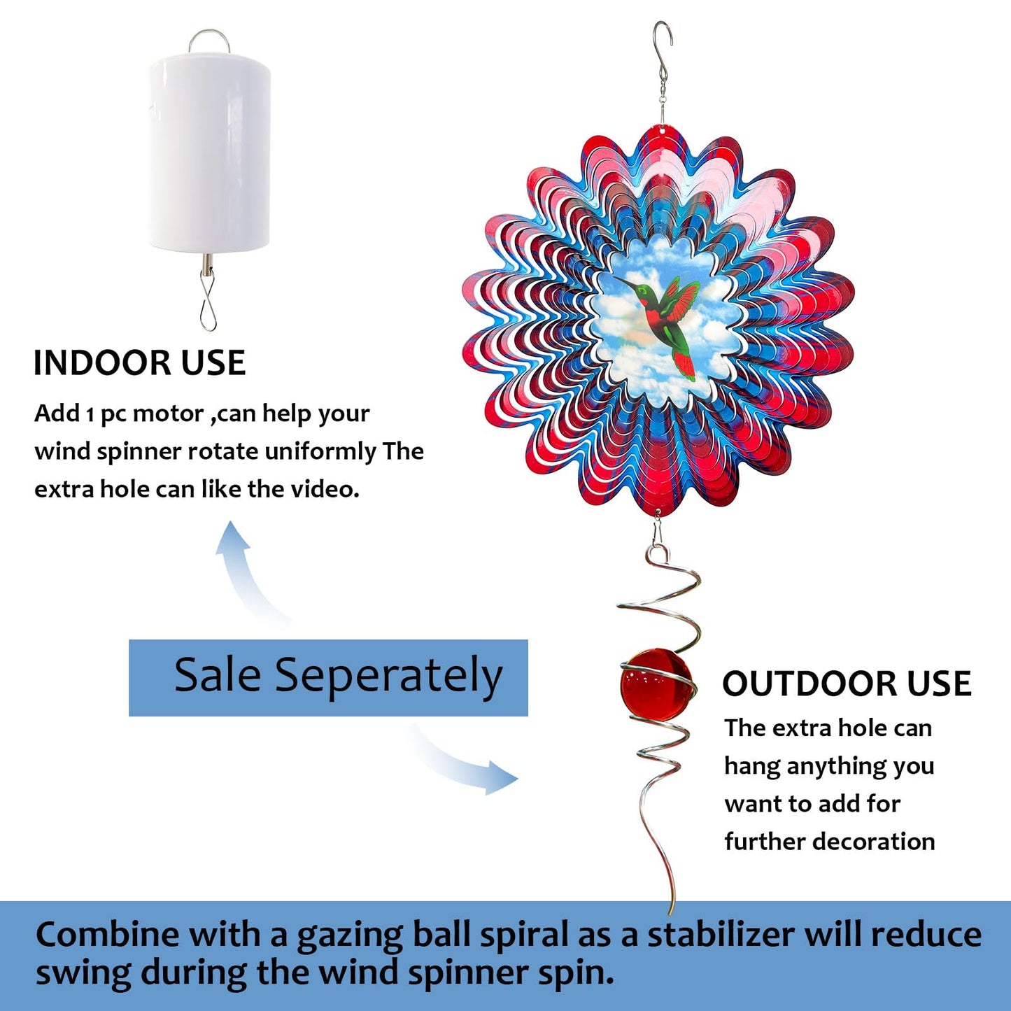 Eiryhope Hummingbird Animated Wind Spinner - 12In 3D Kinetic Hanging Sculpture, Creates Flying Hummingbird Animation Effect | Outdoor Garden Yard Decor, Unique Gift for Mom/Dad/Women/Men & Christmas