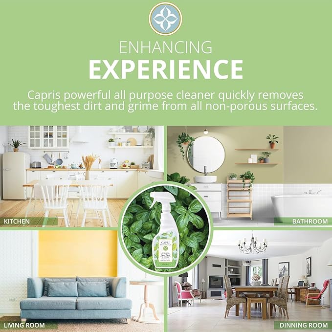 CAPRI ESSENTIALS All Purpose Cleaner, Natural Household Cleaning Supplies, Plant Based Kitchen Counter Surface Spray, Removes Dirt & Grime, Blend of Essential Oils, Sweet Basil 23 FL Oz (2 Pack)