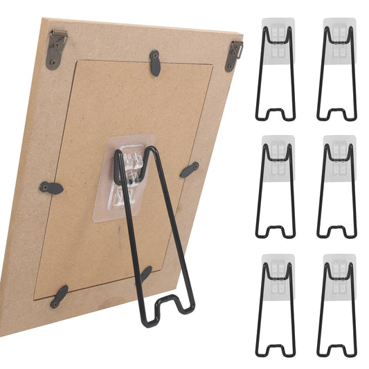 Nirxxiy 6 Pcs Picture Frame Stand, Table top easel, Stainless Steel Picture Holder Stand with Self-Adhesive for 5.9 to 10.2 inch Picture Frame Easel (Black, 5.12“ x 2.17”)