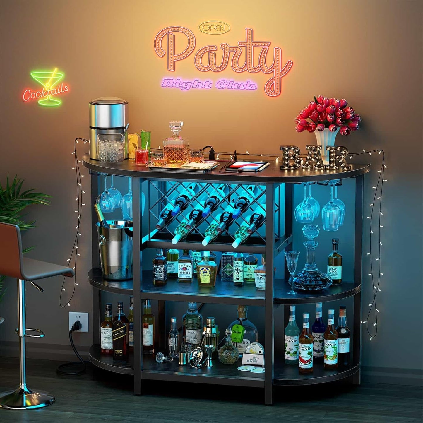 Zarler Bar Cart with Power Outlet Easy to Assemble, LED Home Bar Cabinet for Liquor, 47.3" L x 15.8" D x 36" H Metal Mini Bar Table with 4-Tier Storage, Black