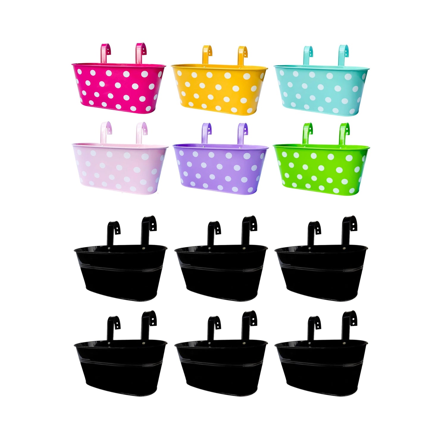 LaLaGreen Bundle - 6 Pack, 11.2 Inch Black + 6 Pack, 11.2 Inch Polka Dot Metal Iron Hanging Flower Pot Window Deck Railing Fence Wall Mount Plant Holder Patio Porch Modern Garden Outdoor Decor