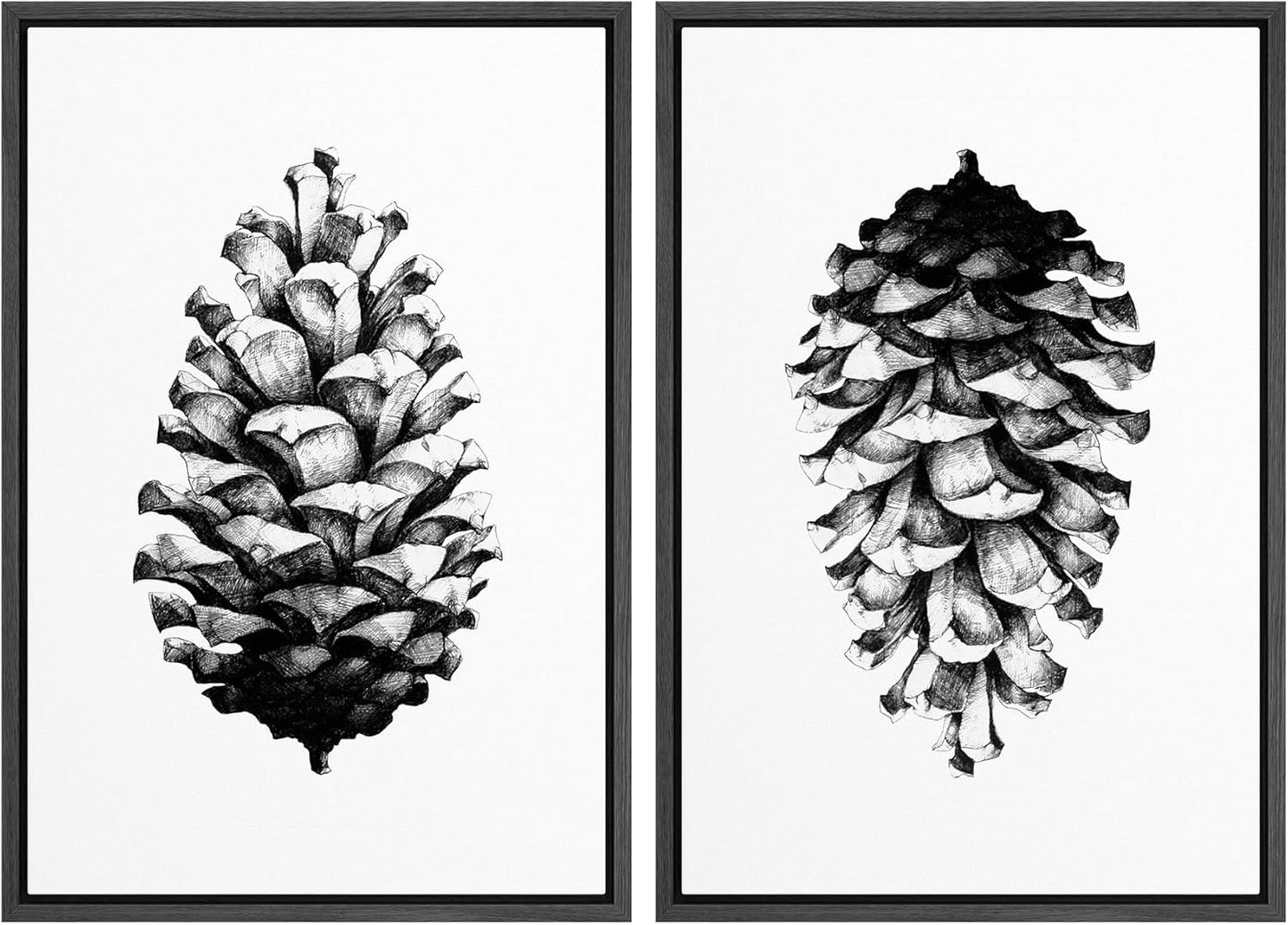SIGNWIN Framed Canvas Print Wall Art Set Black & White Forest Woodland Pinecone Nature Wilderness Illustrations Modern Art Relax/Calm for Living Room, Bedroom, Office - 24"x36"x2 Black