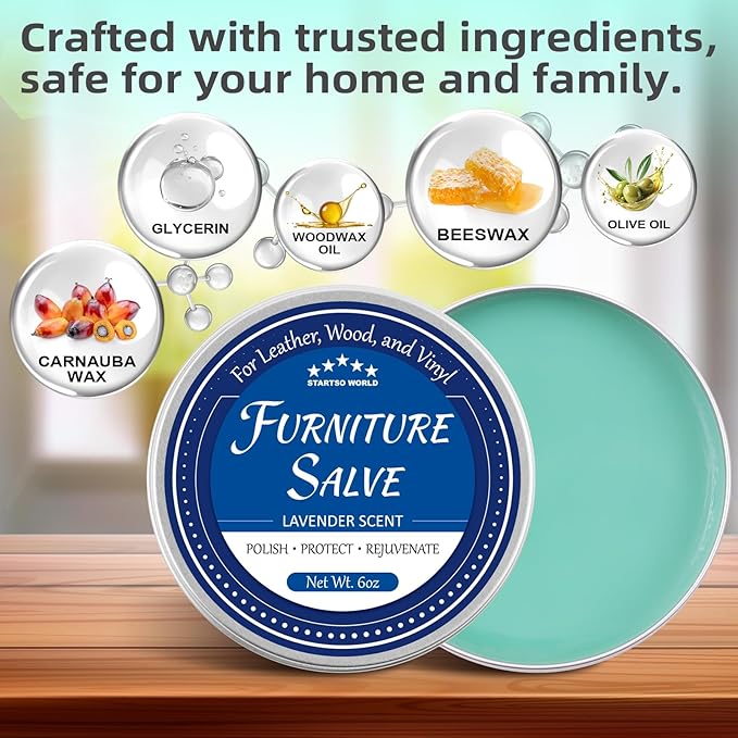 STARTSO WORLD Furniture Salve for Leather, Wood & Vinyl - Natural Polish, Conditioner & Restorer for Couches, Tables & Furniture - All-in-One Repair Salve with Applicator Brush - 8OZ