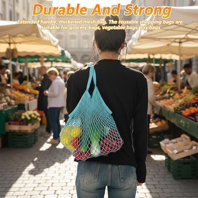 2 Pack Reusable Mesh Grocery Bags, Washable Cotton String Shopping Bag Long Handle Cotton Mesh Produce Bag for Fruit Vegetables Farmers Market