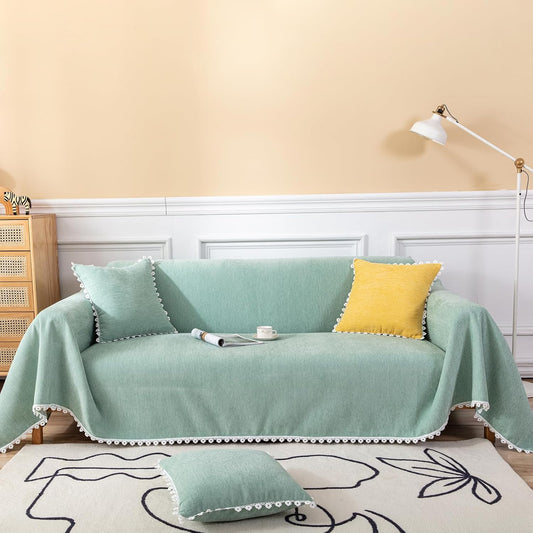 HANDONTIME Cute Sofa Covers Light Green Couch Covers for 3 Cushion Couch Sofa with White Daisy Lace Green Sofa Slipcovers Chenille Couch Cover for Dogs Sectional Sofa L Shape Futon Cover, 71" X118"