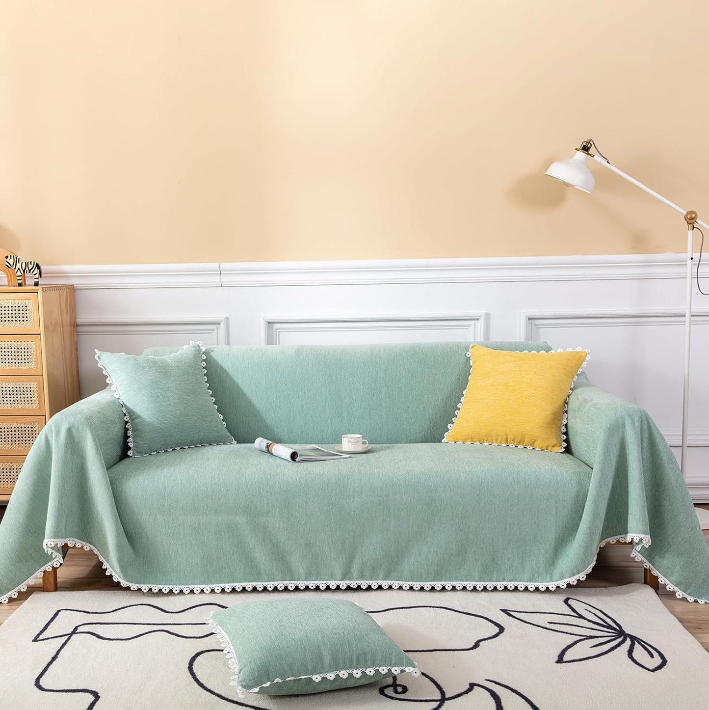 HANDONTIME Couch Cover for Sectional Sofa L Shape Light Green Cute Chenille Pet Couch Cover with Lace, Machine Washable, 71" X150
