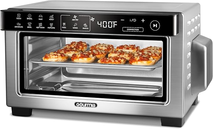 Gourmia Toaster Oven Digital Air Fryer - Convection Mode with 4 Slice Capacity, 3 Rack Positions, 12 Presets, Toast, Bagel, Bake, Roast, Broil, Dehydrate, Popcorn, Fits 9" Pizza, Stainless Steel