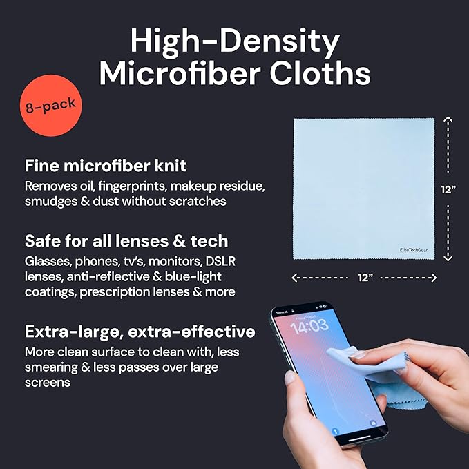Elite Screens Microfiber Cleaning Cloth - 12" x 12", Blue, 8-Pack - Oversized for Lens Coverage & Glasses Wipes - Scratch-Free Electronic Cleaning Cloth for Screens