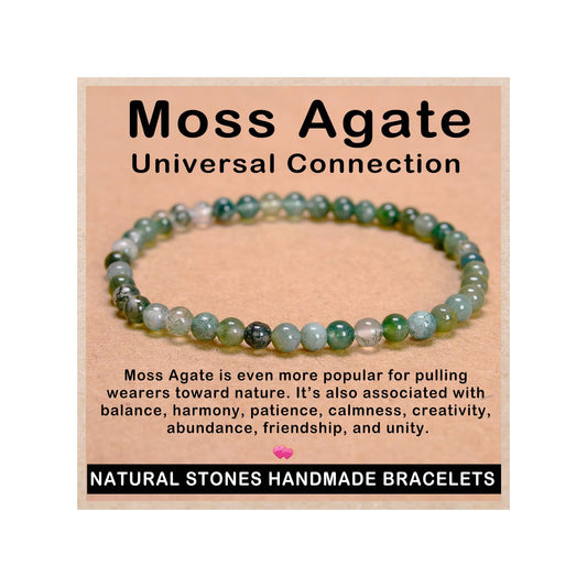 AD Beads Handmade Gemstone Stretch Elastic Bracelet Crystal Healing Reiki Nature's Beauty and Spiritual Essence Unisex (4mm, Moss Agate (Universal Connection))