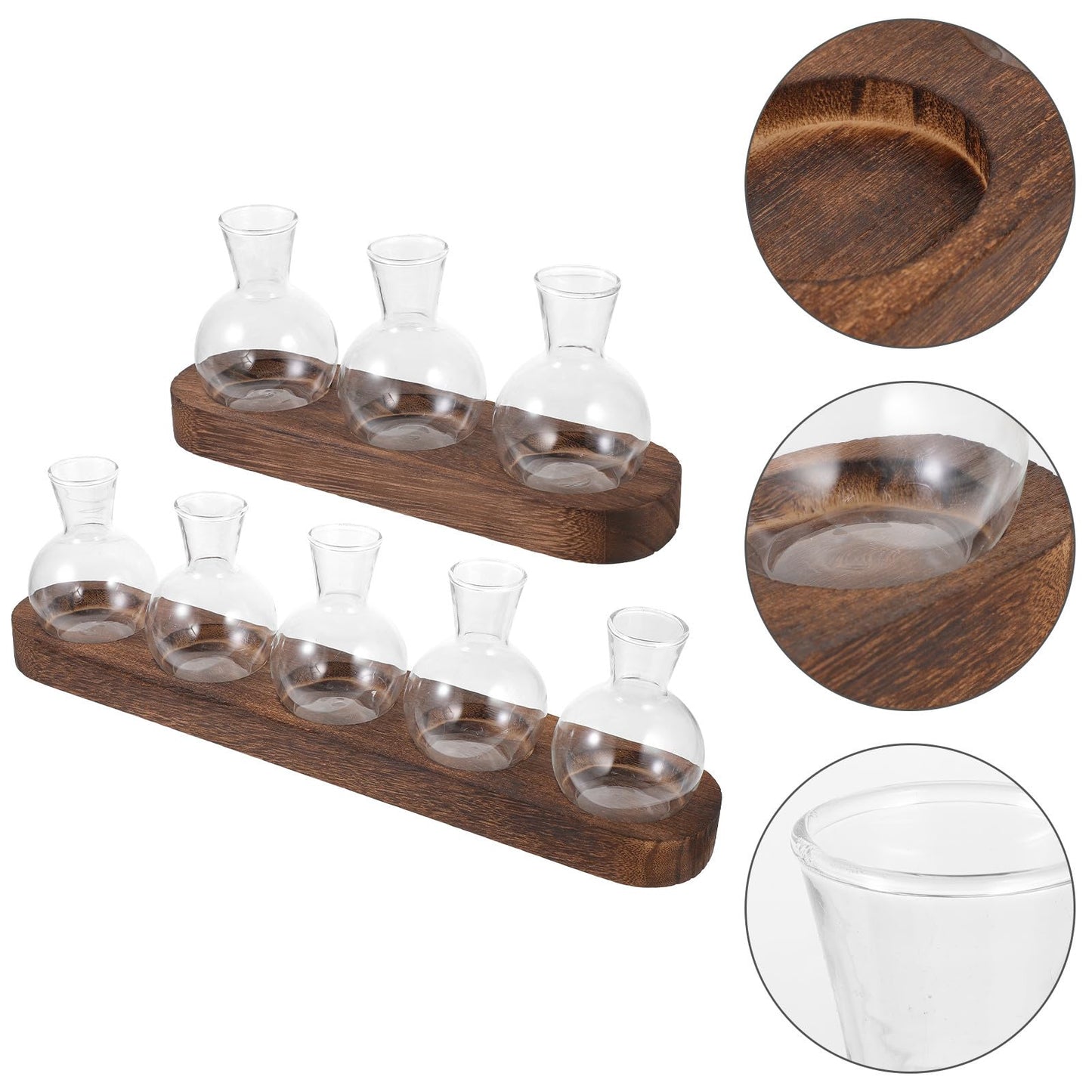 Toyvian Glass Plant Vase Set with Wooden Base, Hydroponic Terrarium for Indoor Greenery, Desktop Decorative Flower Vases for Office and Living Room (3 Bottles + 5 Bottles)